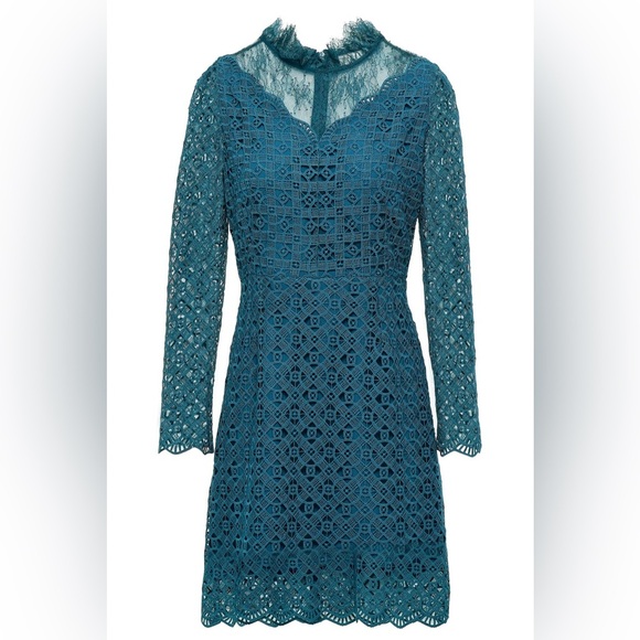 Sandro Bartsie Paneled Scalloped Macrame Lace Mini Dress Teal Blue Women’s US 2 - Picture 1 of 16